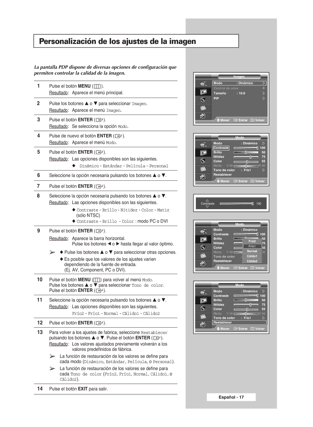 Samsung PPM63M6H, PPM42M6H, PPM50M6H, PPM42M6S Personalización de los ajustes de la imagen, Valores predefinidos de fábrica 