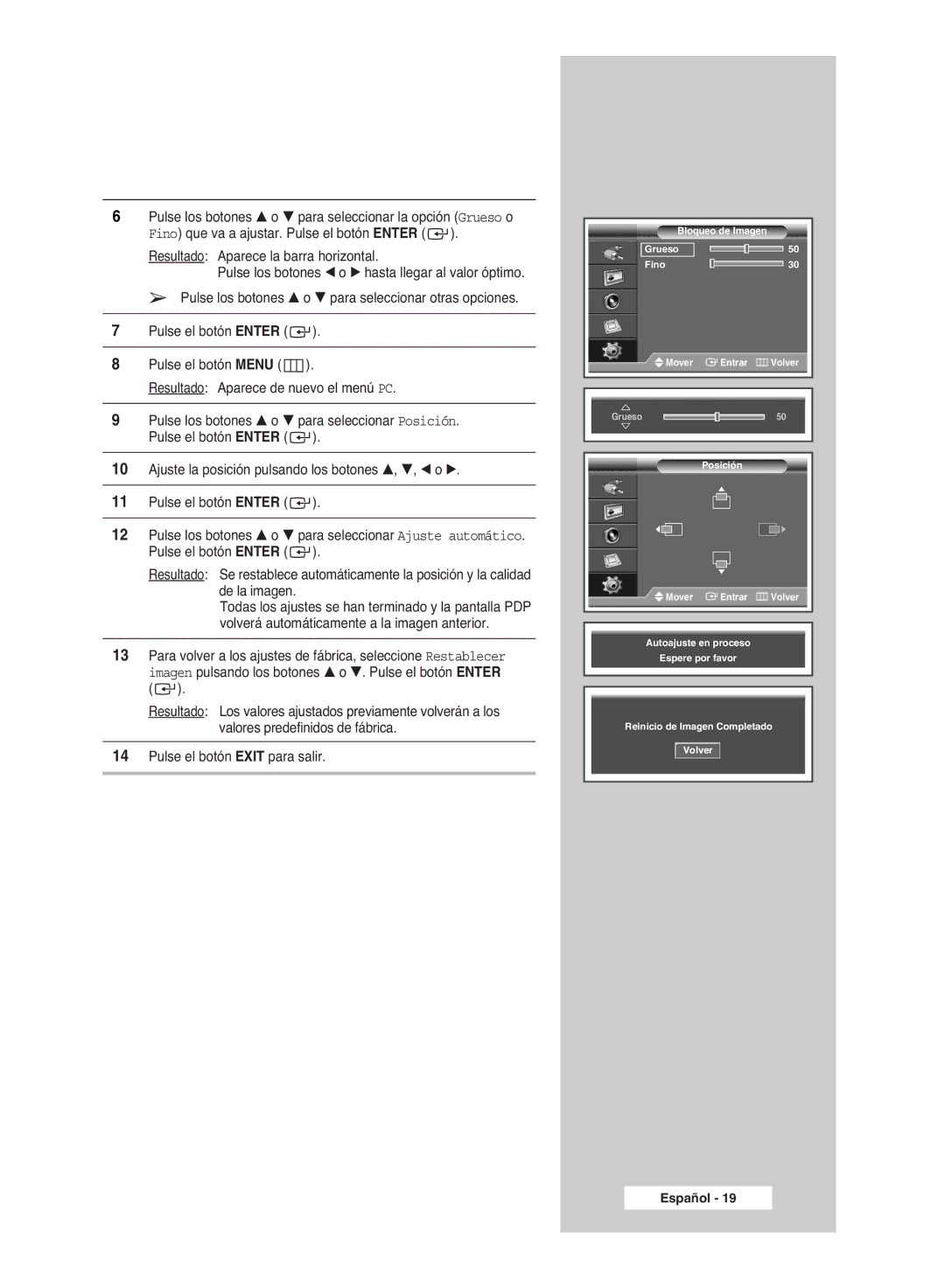 Samsung PPM42M6S, PPM42M6H, PPM63M6H, PPM50M6H manual Bloqueo de Imagen Grueso Fino Mover Entrar Volver 