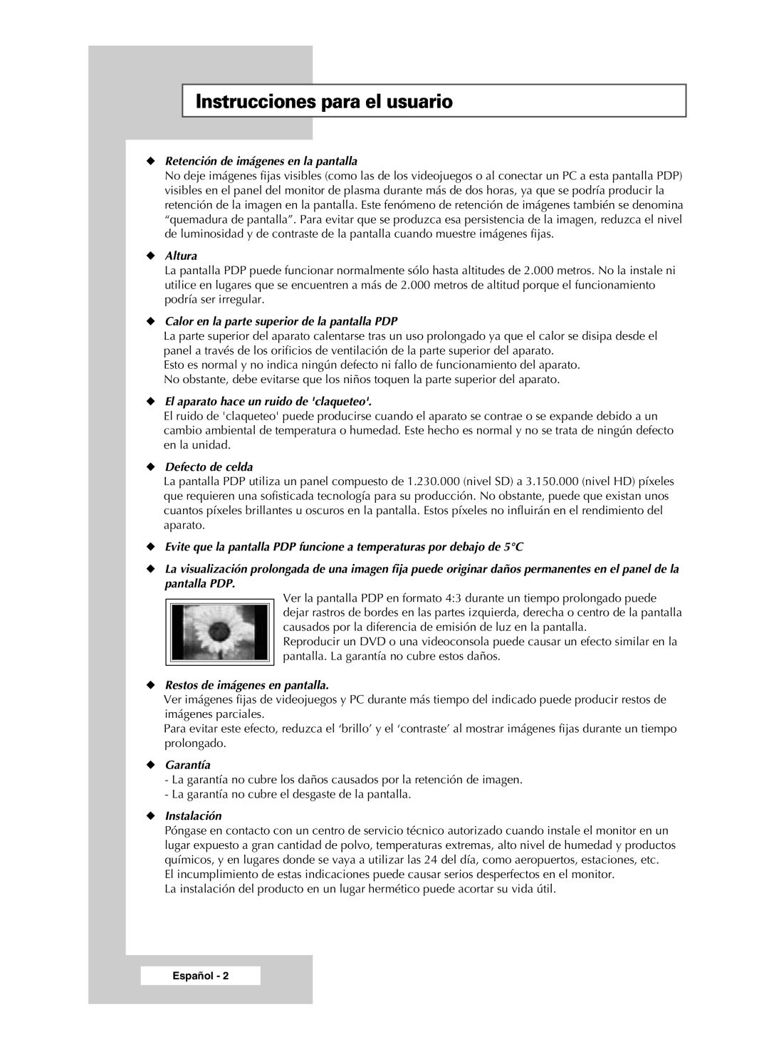 Samsung PPM50M6H, PPM42M6H, PPM63M6H, PPM42M6S manual Instrucciones para el usuario, Retención de imágenes en la pantalla 