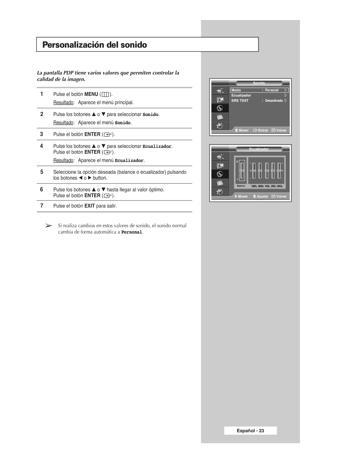 Samsung PPM42M6S, PPM42M6H, PPM63M6H, PPM50M6H manual Personalización del sonido 