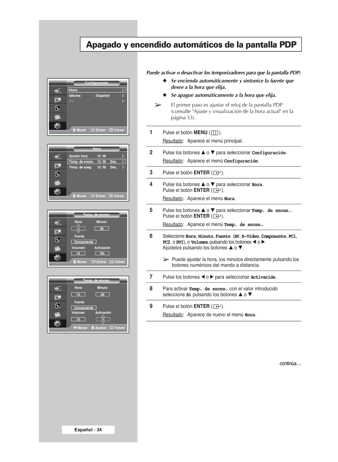 Samsung PPM50M6H Apagado y encendido automáticos de la pantalla PDP, Pulse los botones œ o √ para seleccionar Activación 