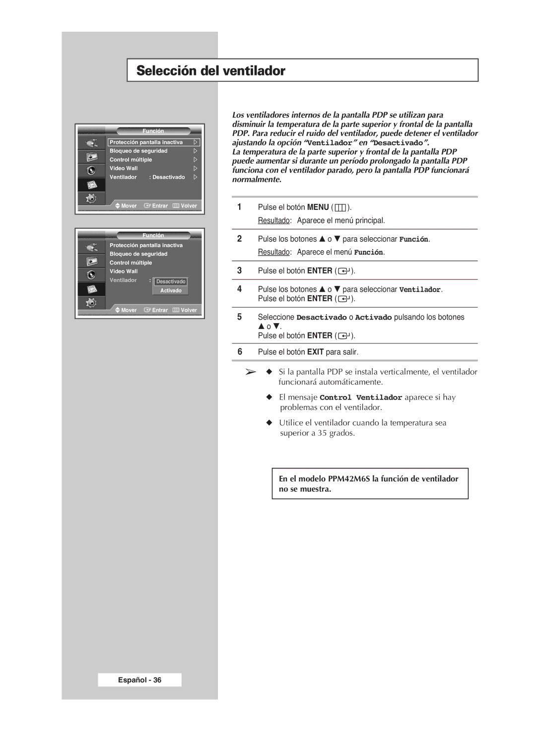 Samsung PPM42M6H, PPM63M6H, PPM50M6H, PPM42M6S manual Selección del ventilador 