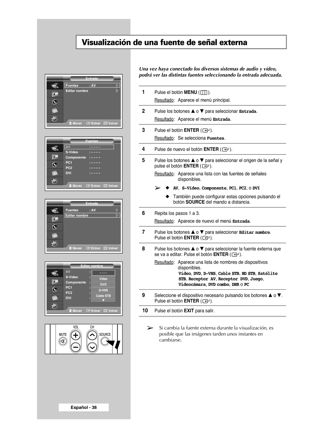 Samsung PPM50M6H, PPM42M6H, PPM63M6H Visualización de una fuente de señal externa, AV, S-Vídeo,Componente, PC1, PC2, o DVI 