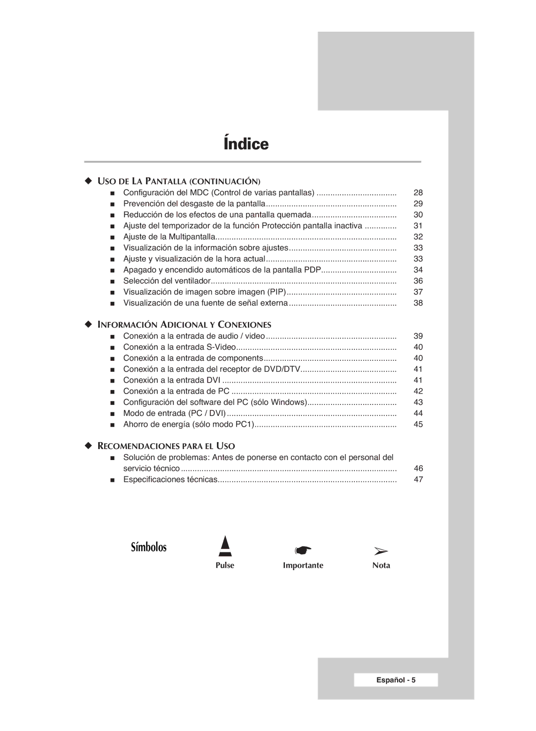 Samsung PPM63M6H, PPM42M6H, PPM50M6H, PPM42M6S manual Símbolos 