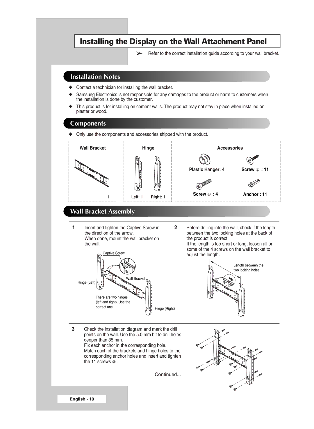 Samsung PPM42M6H manual Installing the Display on the Wall Attachment Panel, Installation Notes 