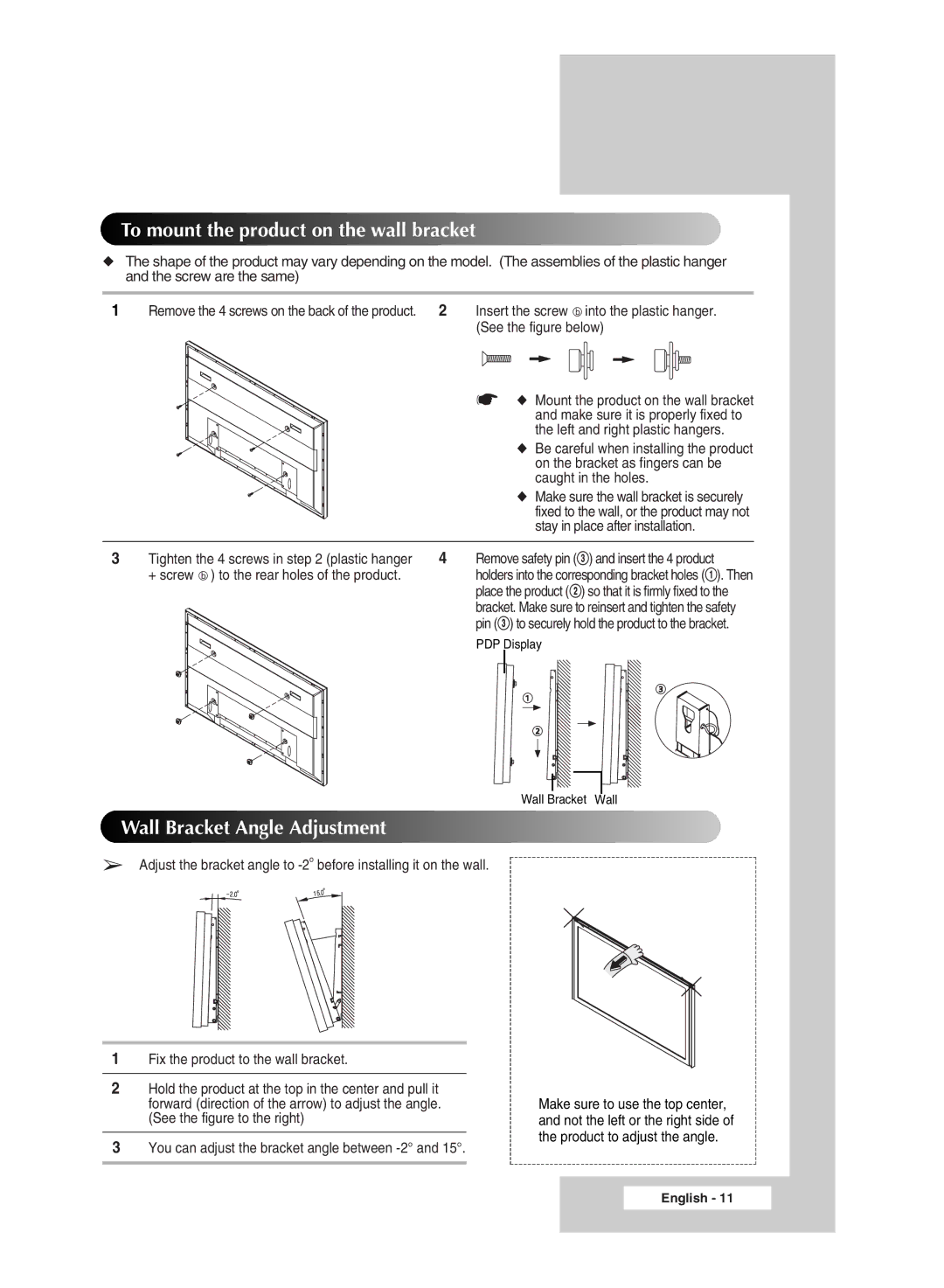 Samsung PPM42M6H manual To mount the product on the wall bracket 