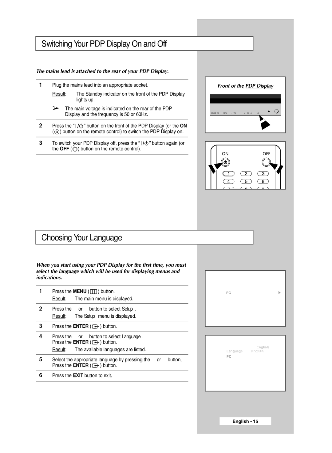 Samsung PPM42M6H manual Switching Your PDP Display On and Off, Choosing Your Language 