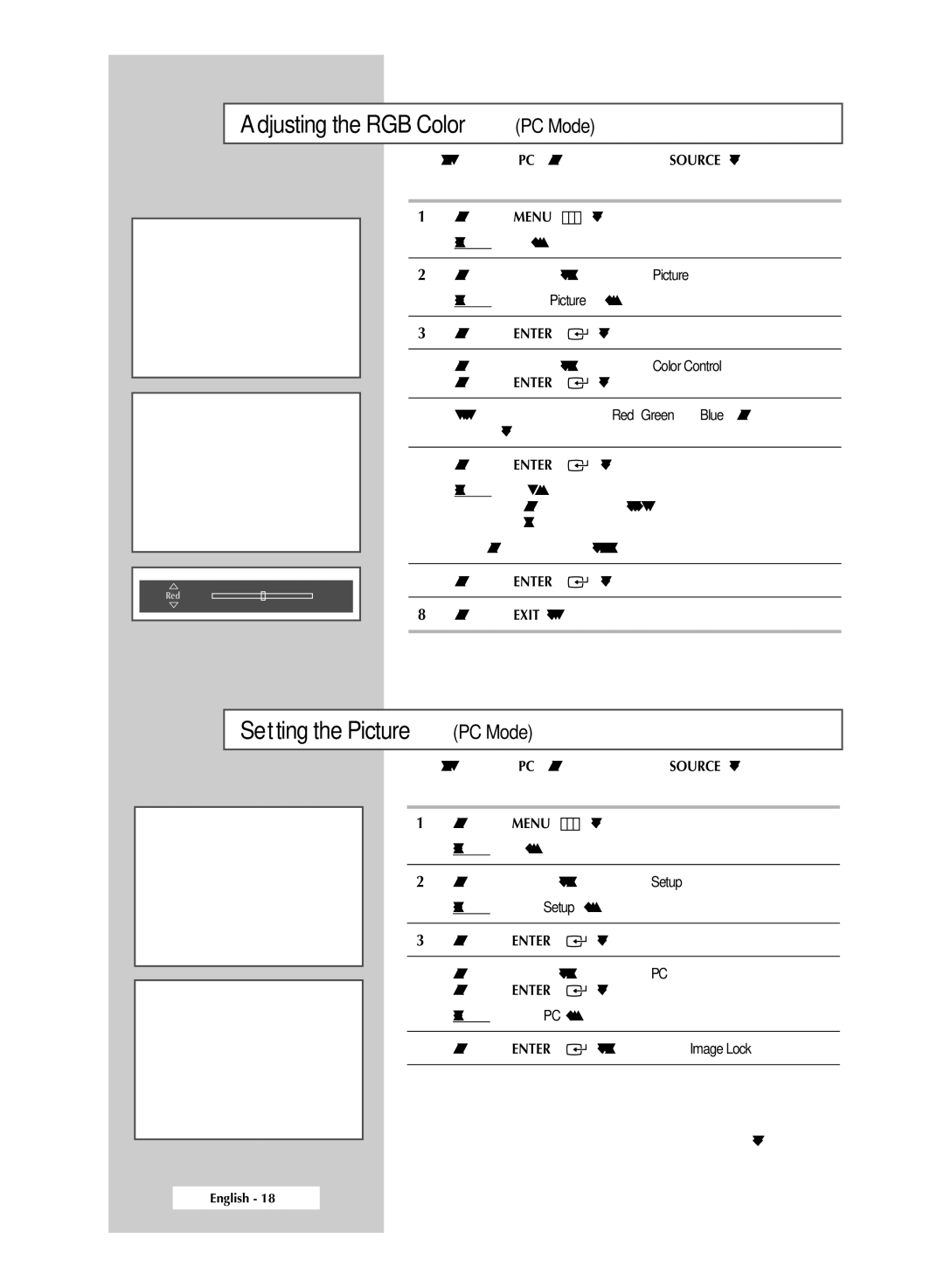 Samsung PPM42M6H manual Adjusting the RGB Color PC Mode, Setting the Picture PC Mode 