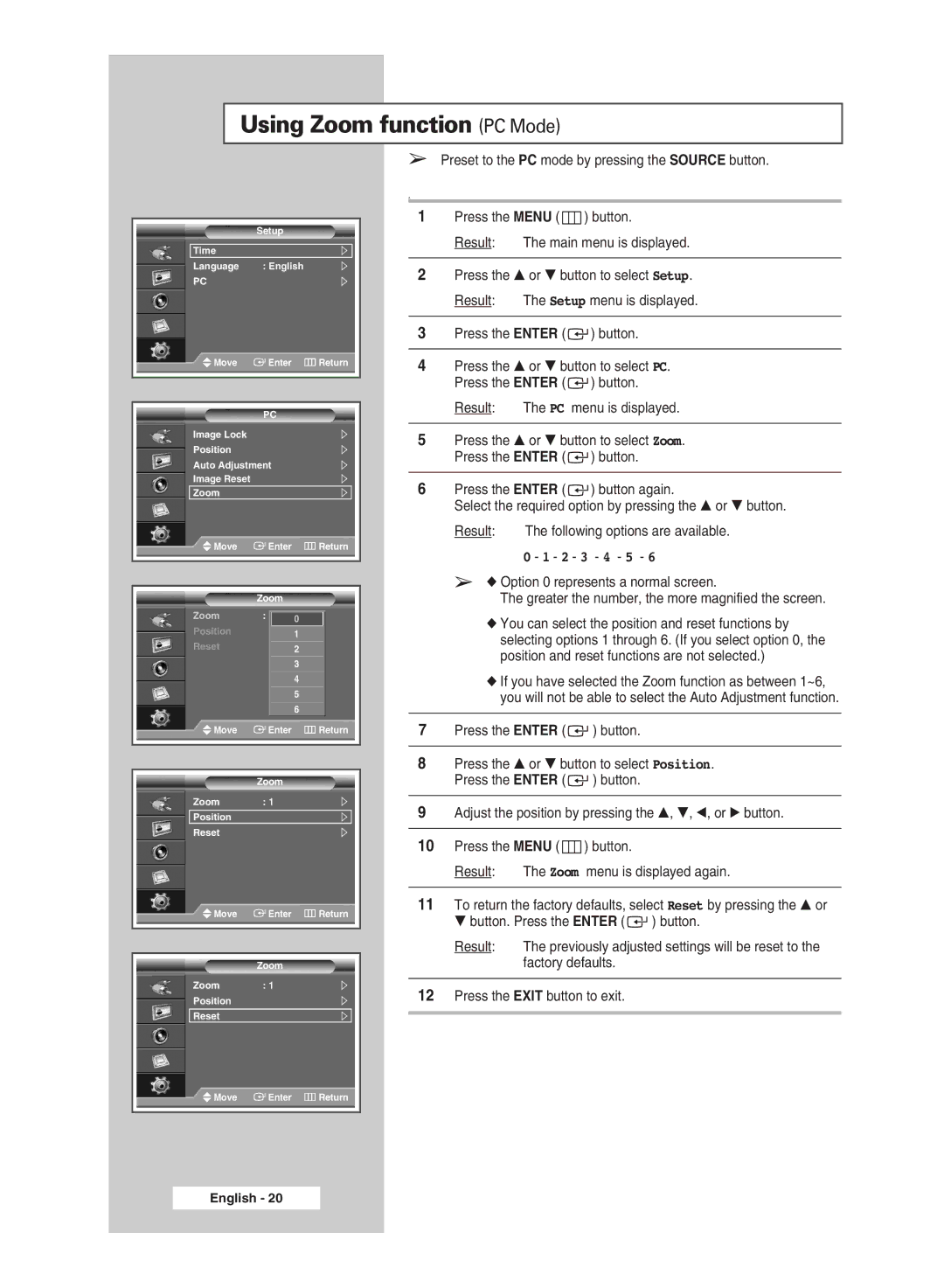 Samsung PPM42M6H manual Using Zoom function PC Mode, 2 3 4 5 