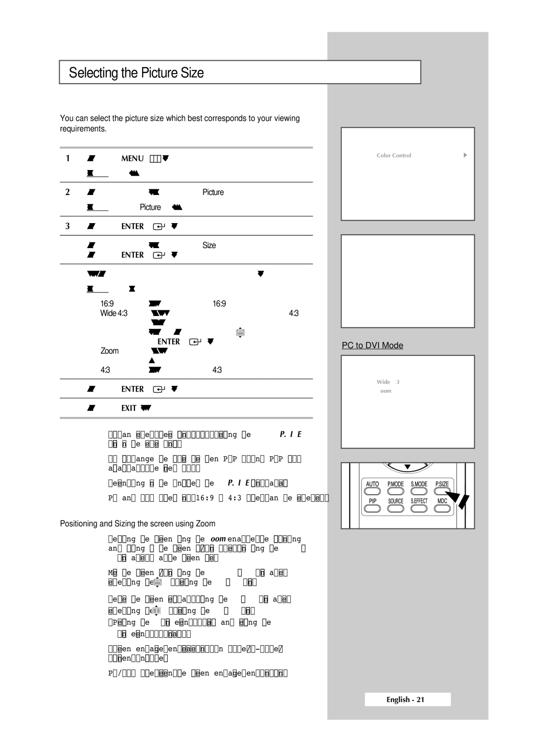 Samsung PPM42M6H manual Selecting the Picture Size, Positioning and Sizing the screen using Zoom 