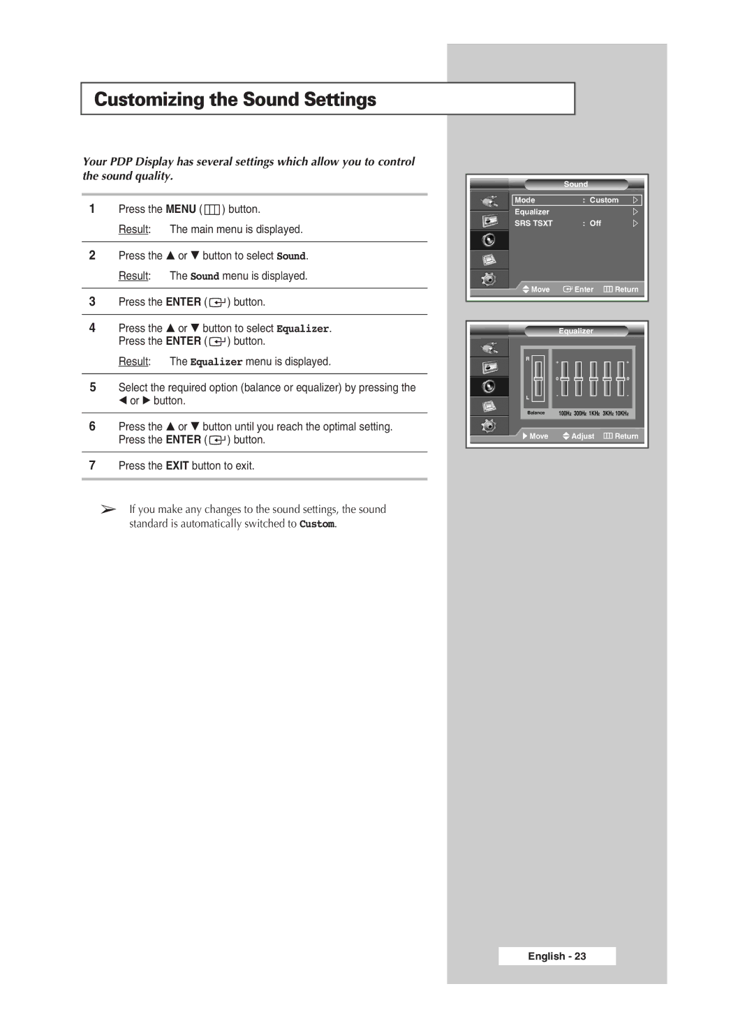 Samsung PPM42M6H manual Customizing the Sound Settings 