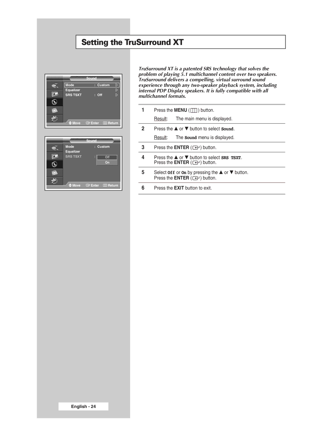 Samsung PPM42M6H manual Setting the TruSurround XT 