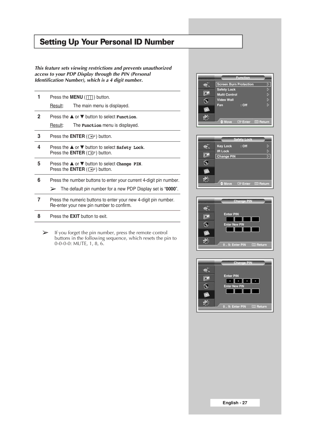 Samsung PPM42M6H manual Setting Up Your Personal ID Number 