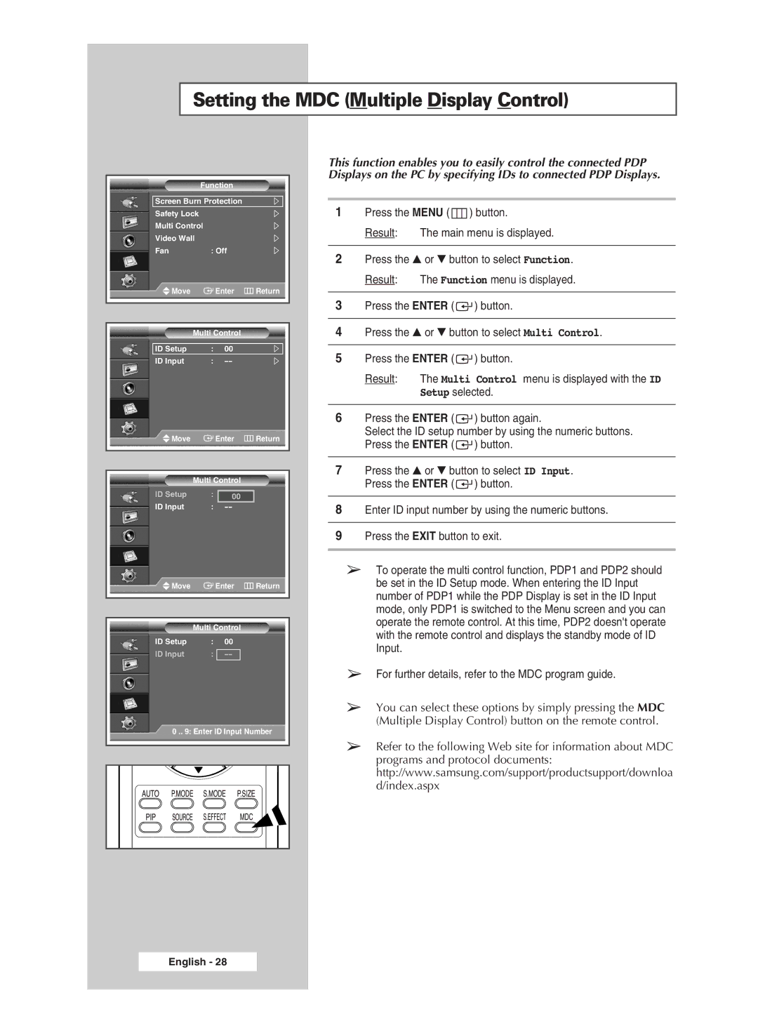 Samsung PPM42M6H manual Setting the MDC Multiple Display Control 