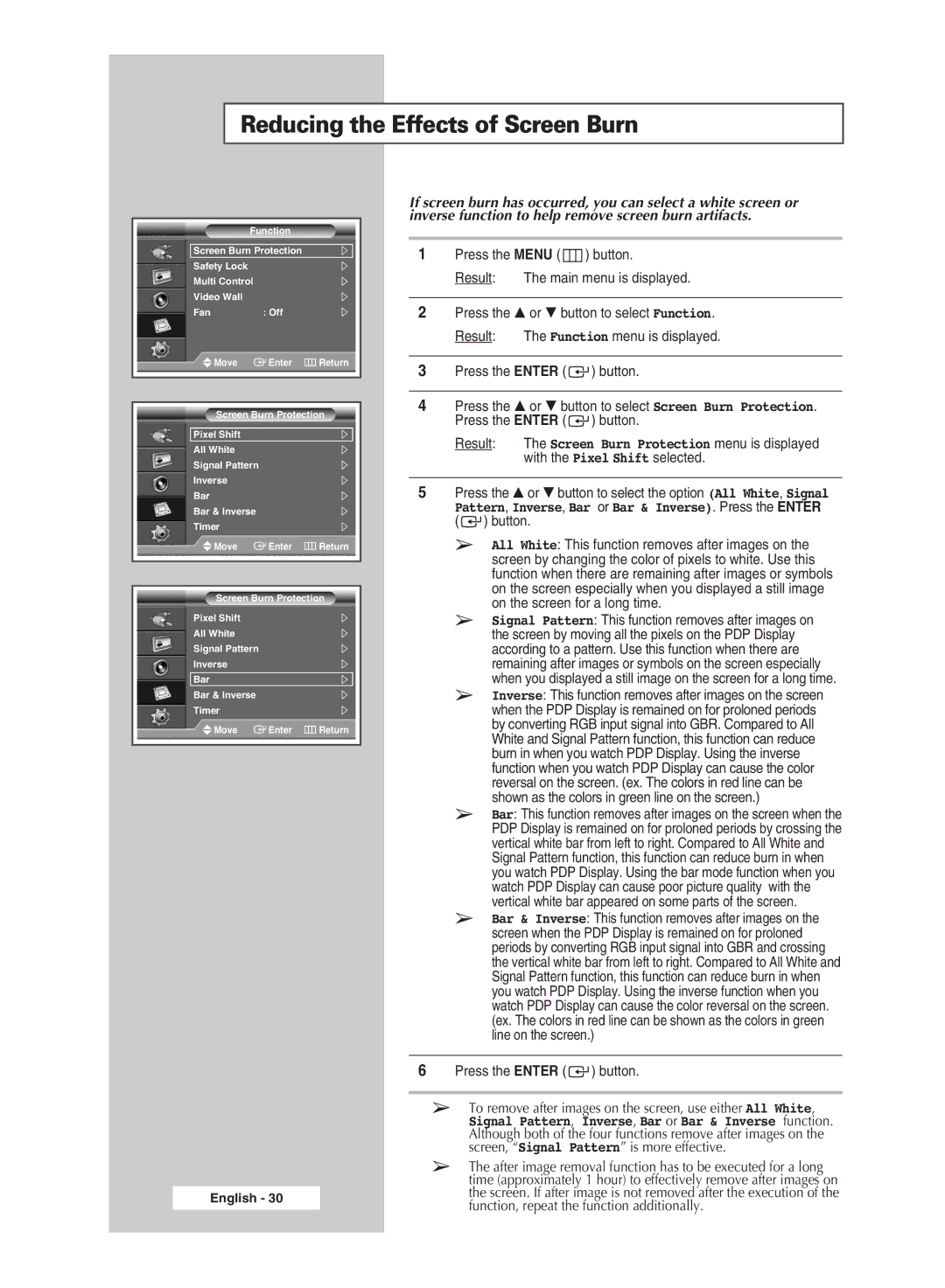 Samsung PPM42M6H manual Reducing the Effects of Screen Burn 