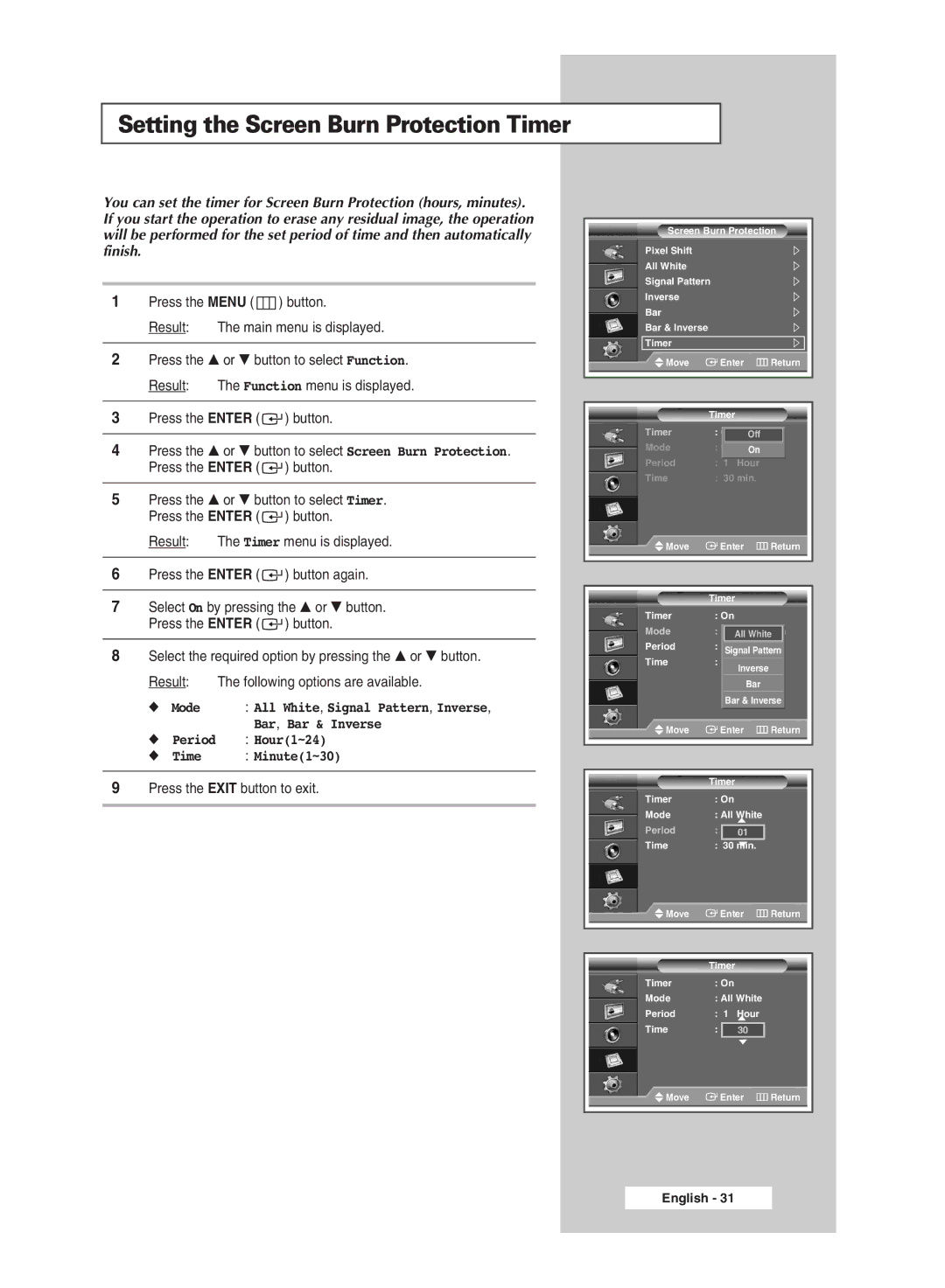 Samsung PPM42M6H manual Setting the Screen Burn Protection Timer 