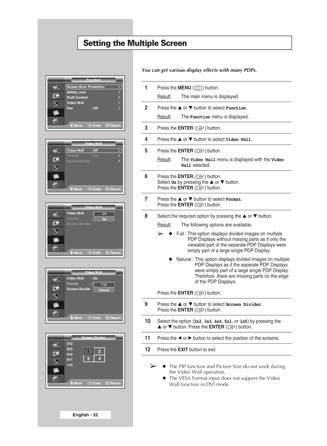 Samsung PPM42M6H manual Setting the Multiple Screen, You can get various display effects with many PDPs 