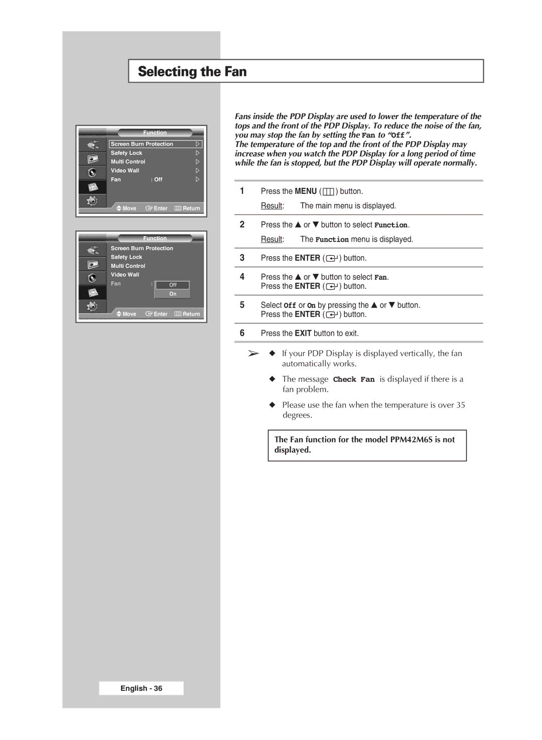 Samsung PPM42M6H manual Selecting the Fan 