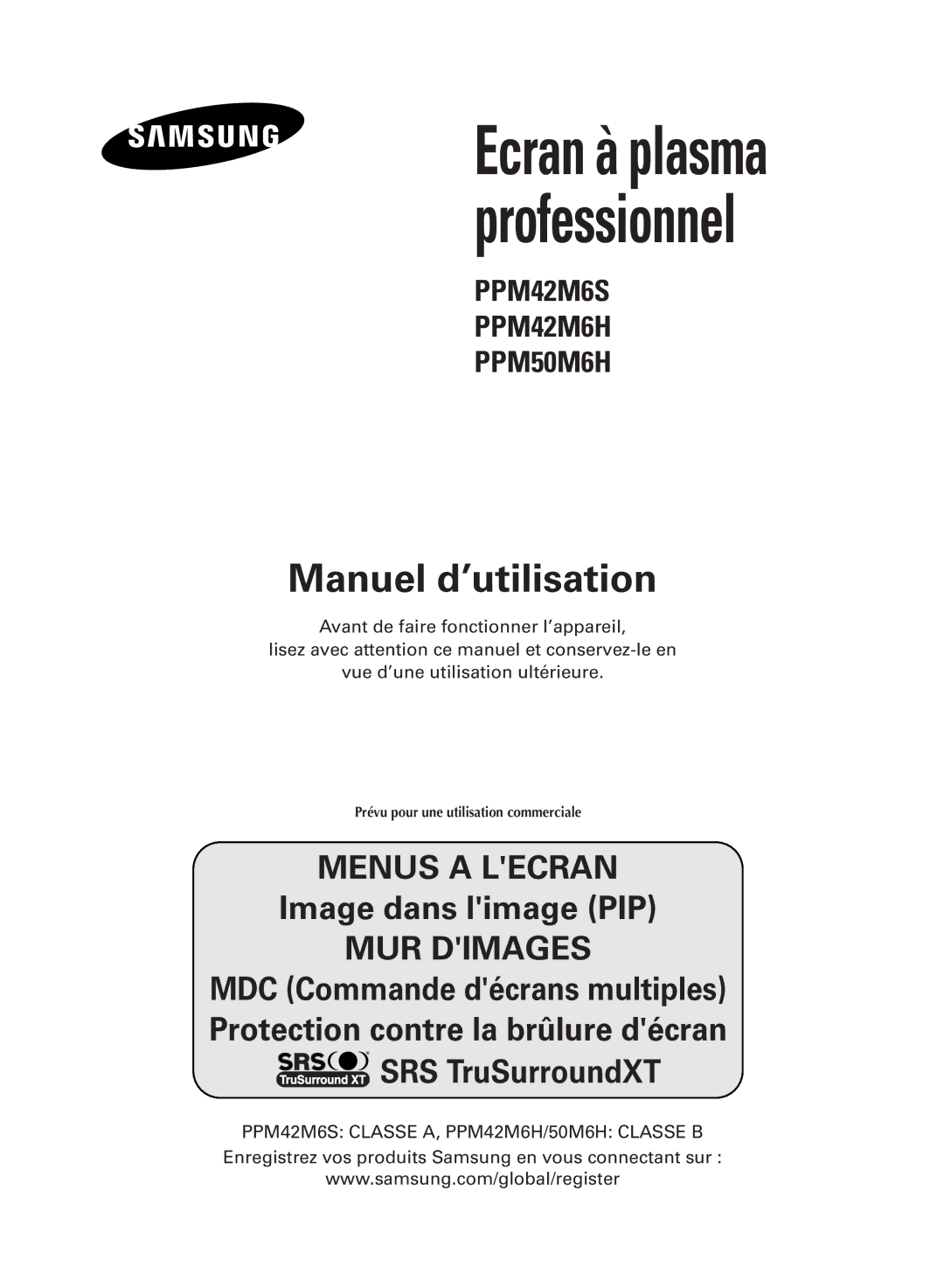 Samsung PPM42M6SSX/EDC manual Ecran à plasma professionnel 