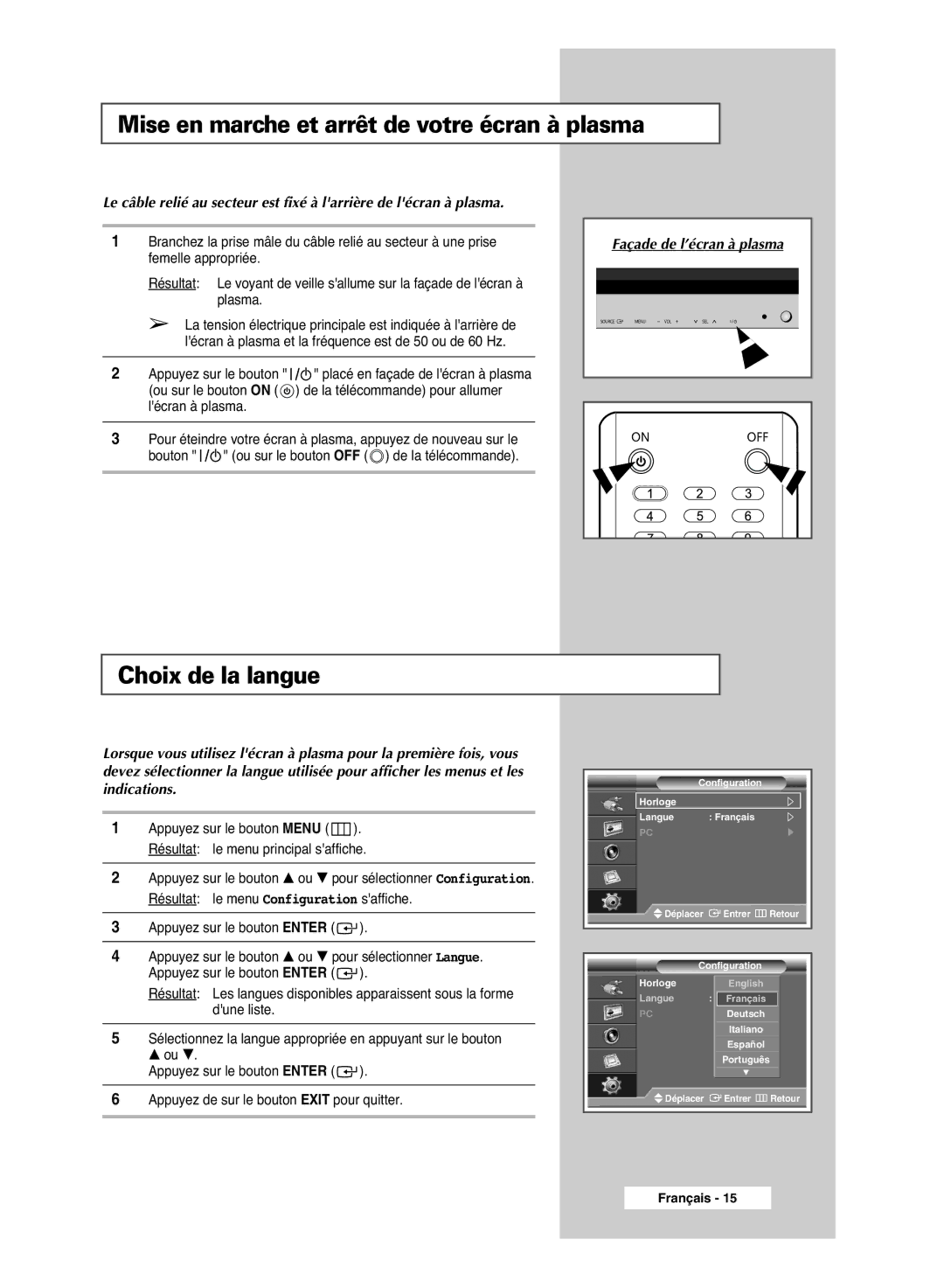 Samsung PPM42M6SSX/EDC manual Mise en marche et arrêt de votre écran à plasma, Choix de la langue 