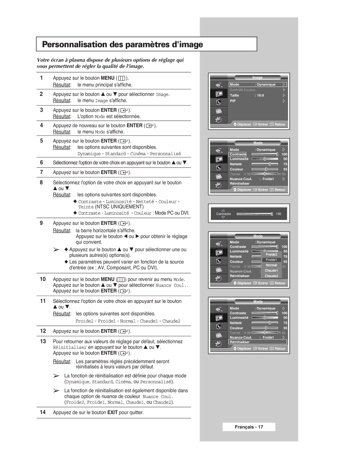 Samsung PPM42M6SSX/EDC manual Personnalisation des paramètres dimage 