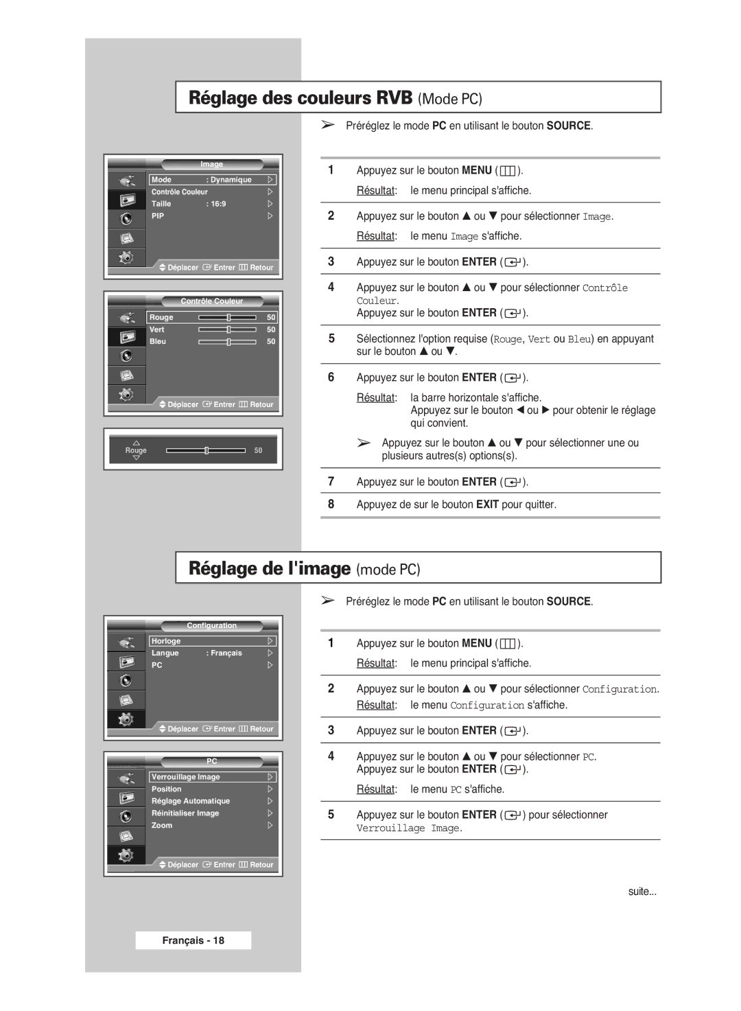 Samsung PPM42M6SSX/EDC manual Réglage des couleurs RVB Mode PC, Réglage de limage mode PC 