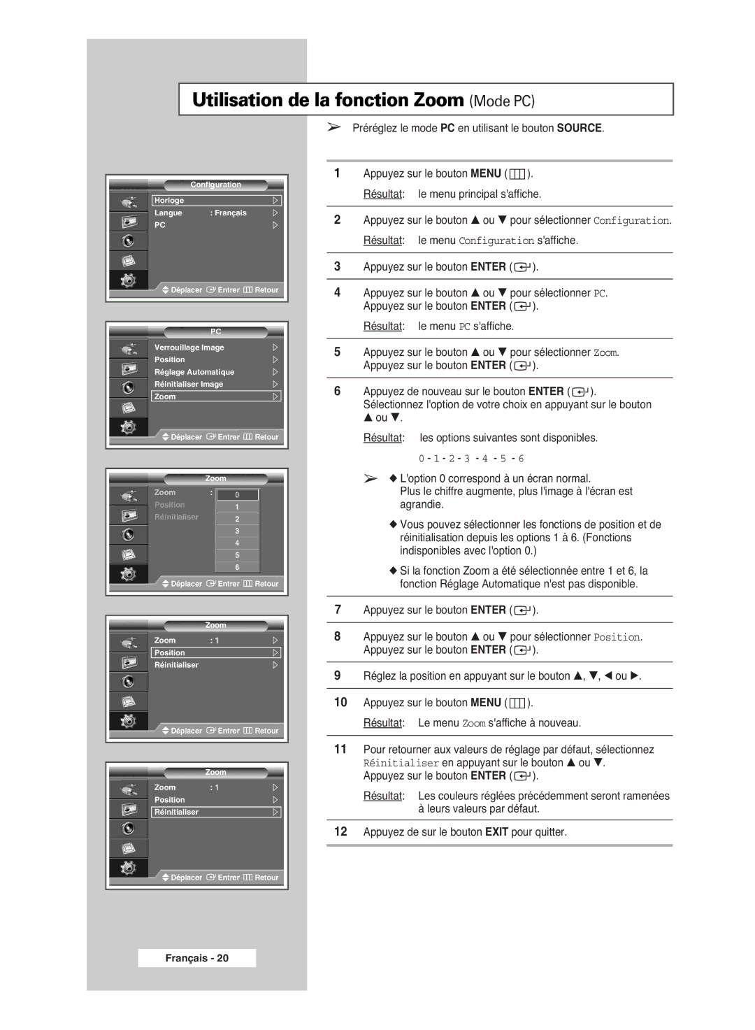 Samsung PPM42M6SSX/EDC manual Utilisation de la fonction Zoom Mode PC 