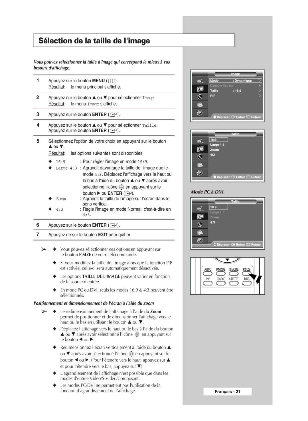 Samsung PPM42M6SSX/EDC manual Sélection de la taille de limage, Positionnement et dimensionnement de lécran à laide du zoom 