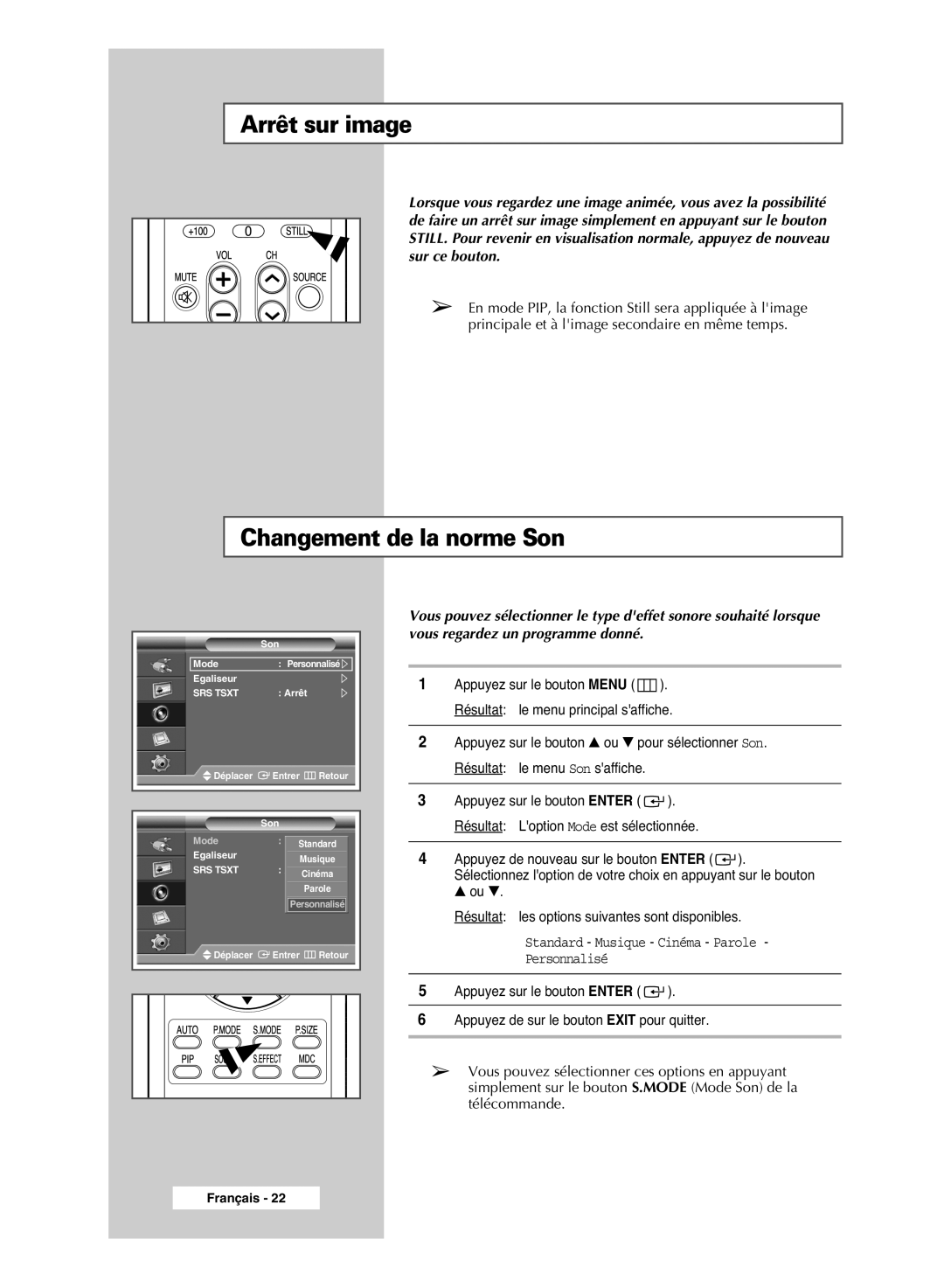 Samsung PPM42M6SSX/EDC manual Arrêt sur image, Changement de la norme Son 