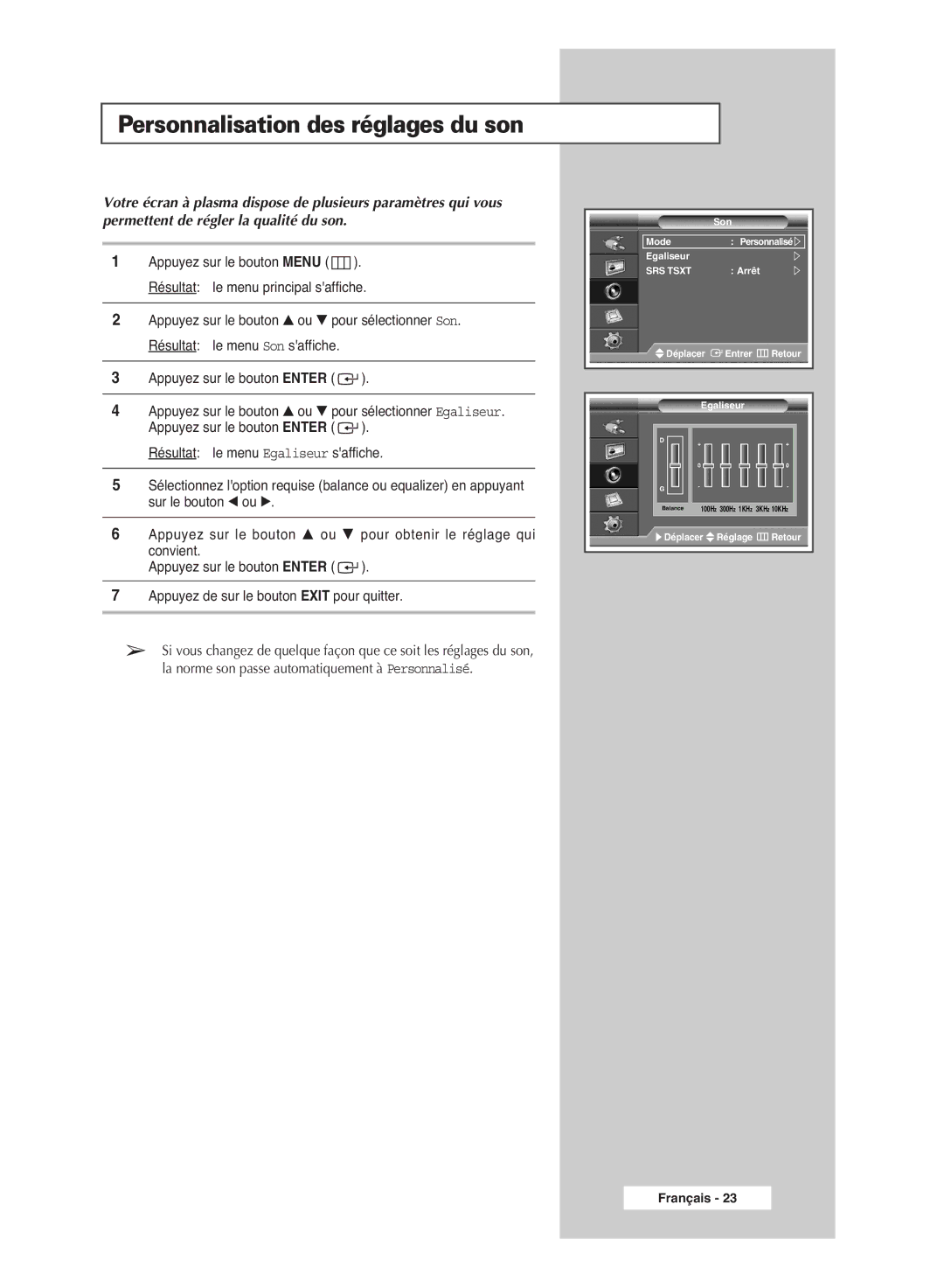 Samsung PPM42M6SSX/EDC manual Personnalisation des réglages du son 