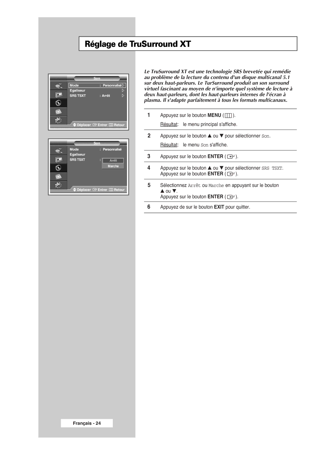 Samsung PPM42M6SSX/EDC manual Réglage de TruSurround XT 