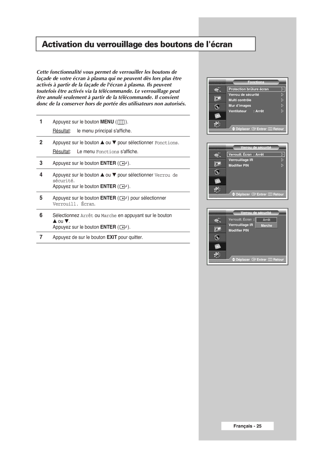 Samsung PPM42M6SSX/EDC manual Activation du verrouillage des boutons de lécran 