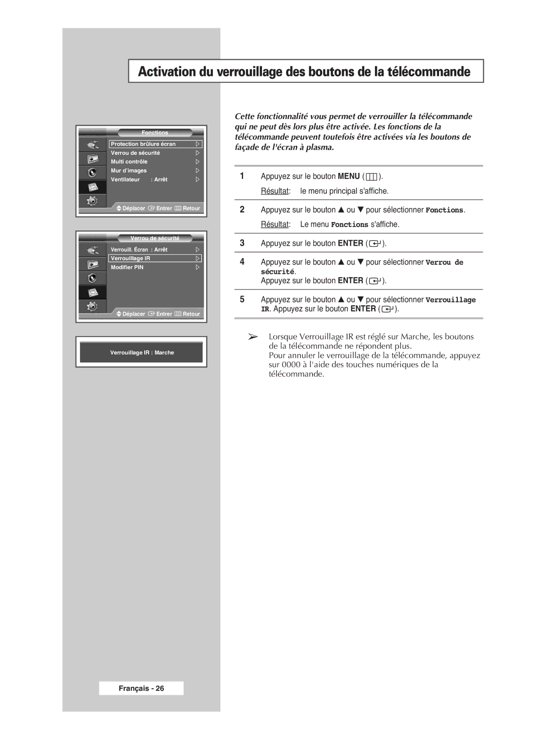 Samsung PPM42M6SSX/EDC manual Activation du verrouillage des boutons de la télécommande 