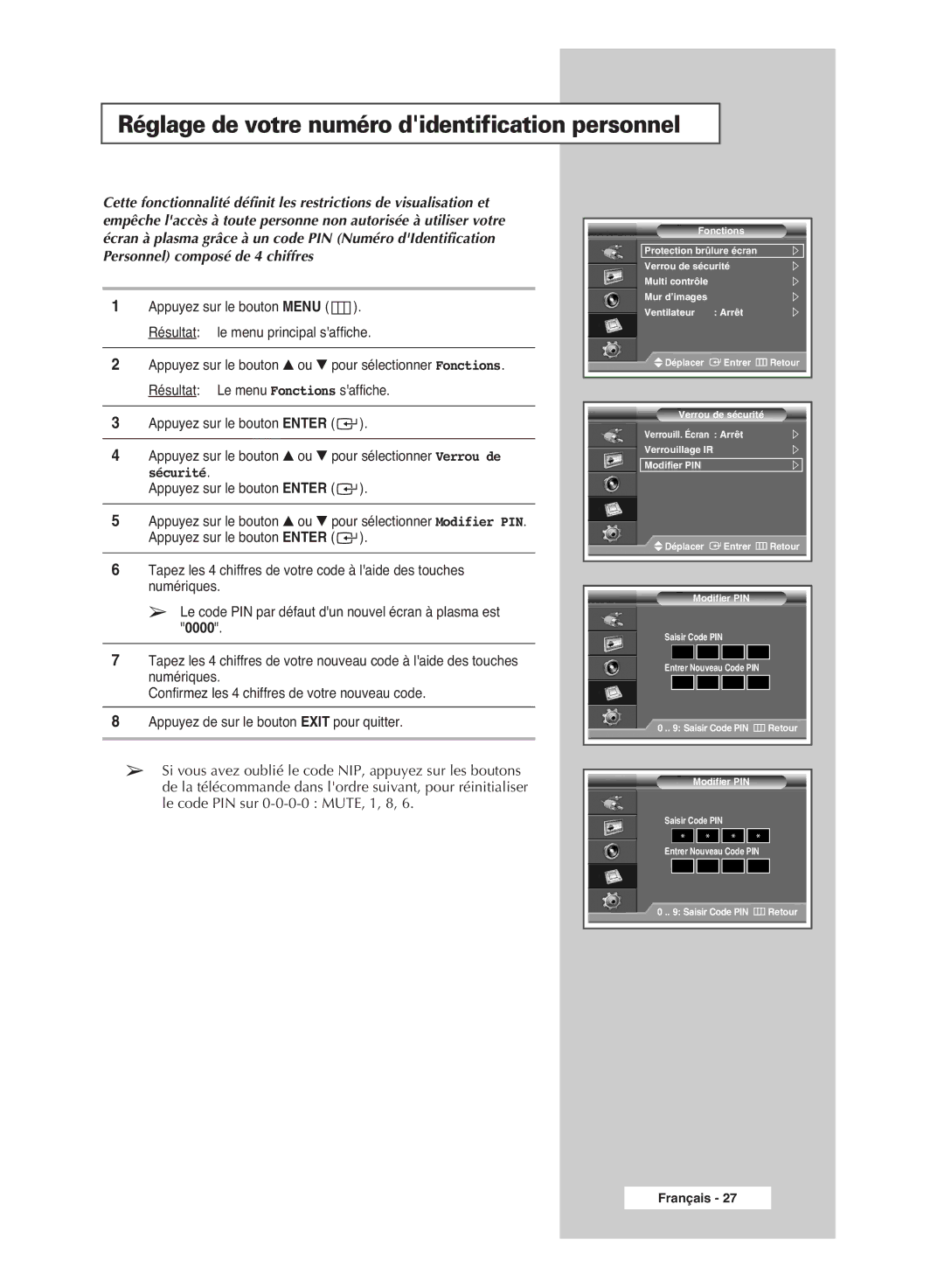 Samsung PPM42M6SSX/EDC manual Réglage de votre numéro didentification personnel 