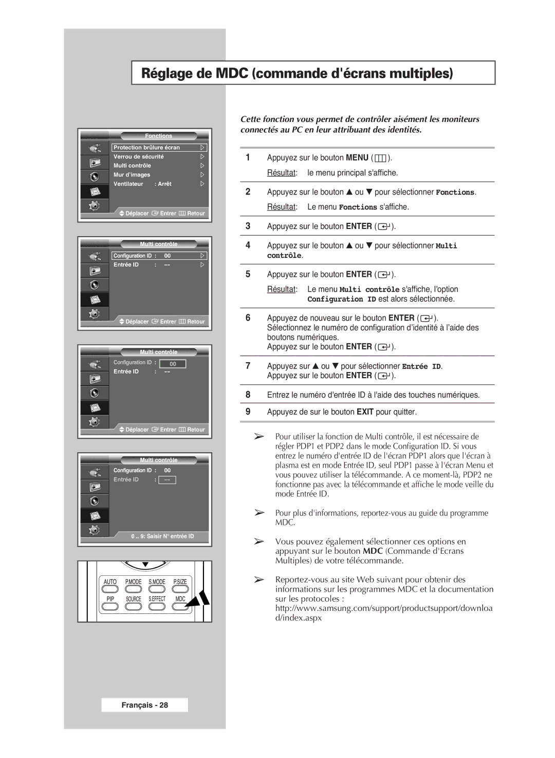 Samsung PPM42M6SSX/EDC manual Réglage de MDC commande décrans multiples 