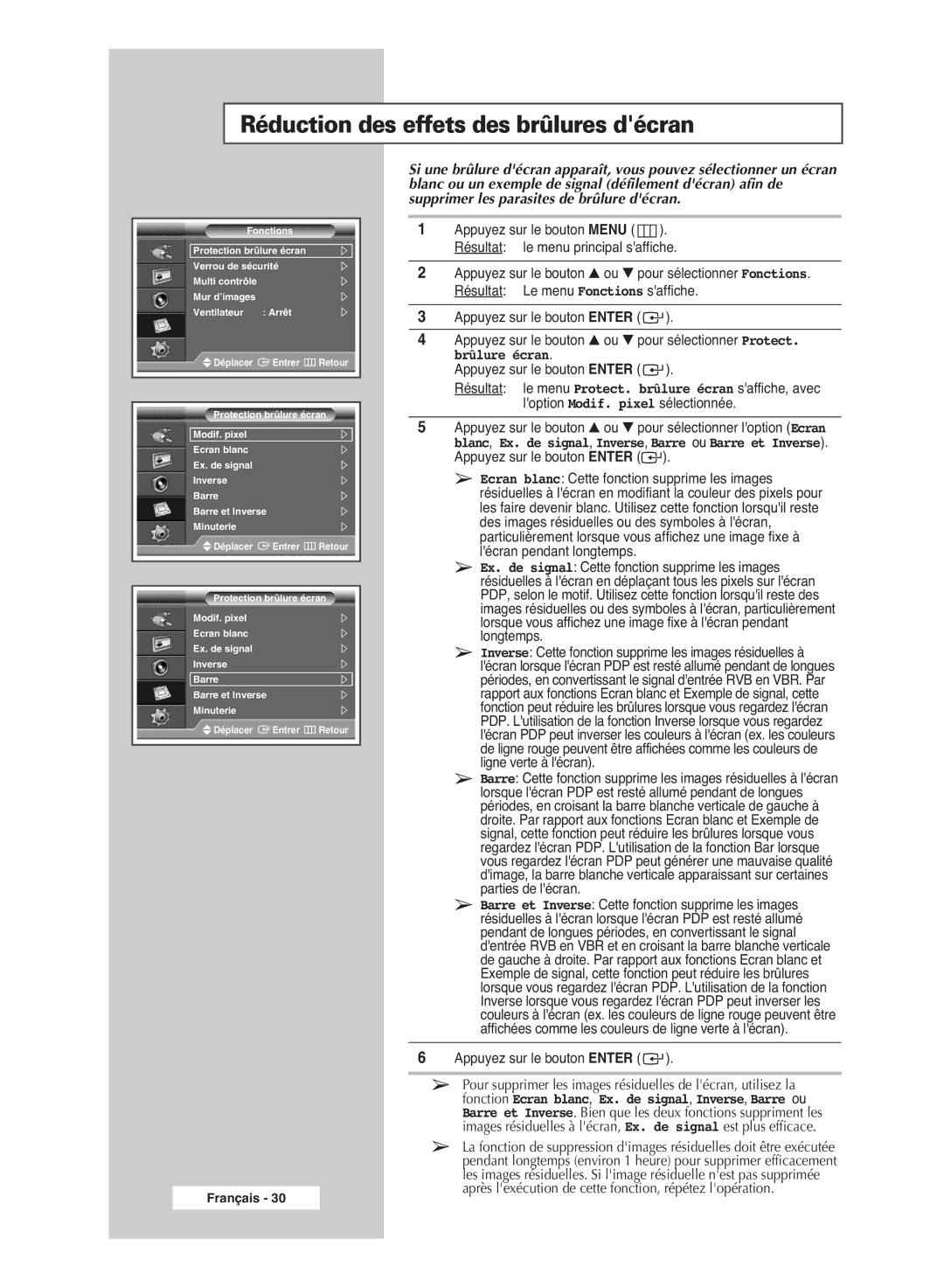 Samsung PPM42M6SSX/EDC manual Réduction des effets des brûlures décran 