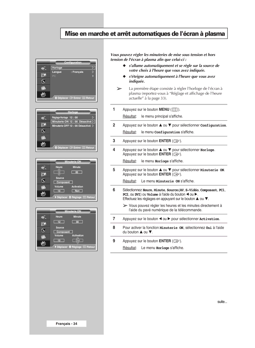 Samsung PPM42M6SSX/EDC manual Mise en marche et arrêt automatiques de lécran à plasma 