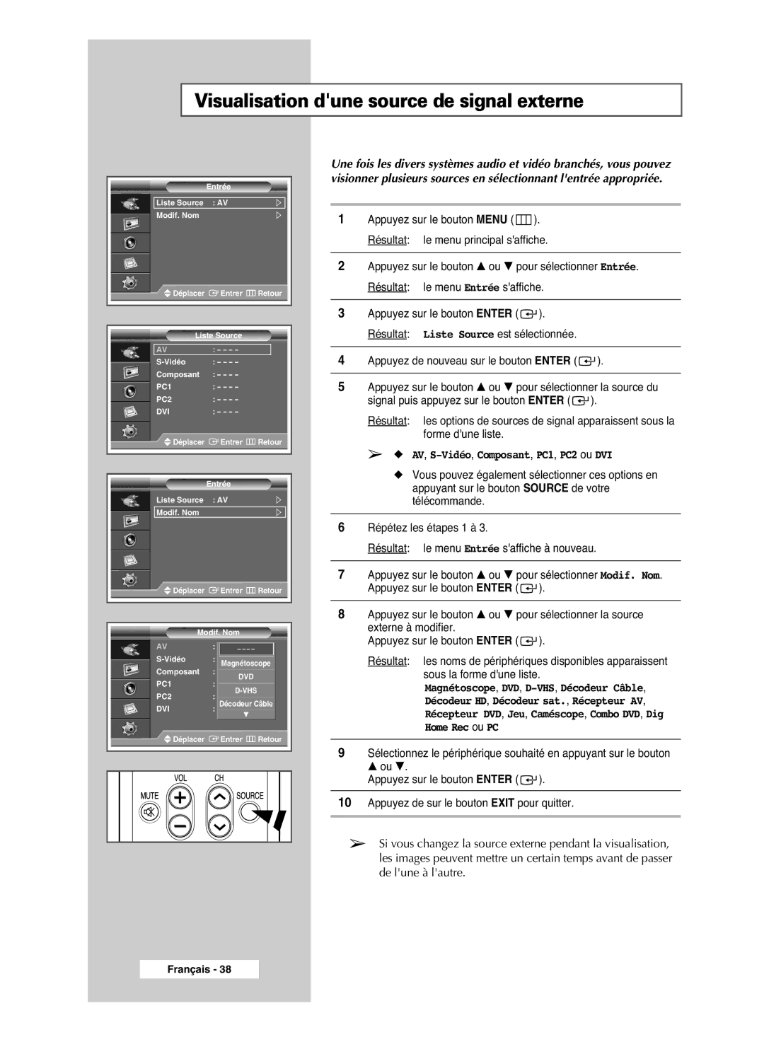 Samsung PPM42M6SSX/EDC manual Visualisation dune source de signal externe, AV, S-Vidéo,Composant, PC1, PC2 ou DVI 