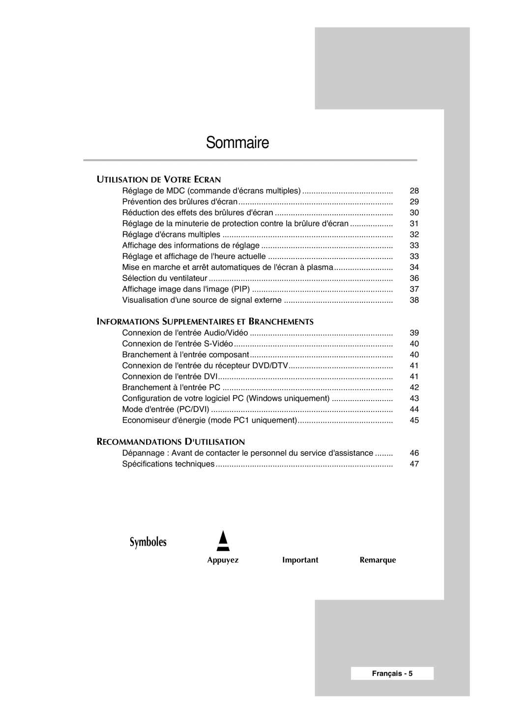 Samsung PPM42M6SSX/EDC manual Symboles 