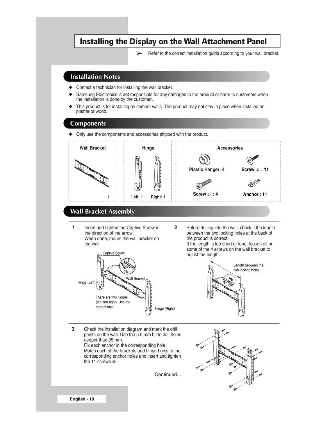 Samsung PPM42M6SSX/EDC manual Installing the Display on the Wall Attachment Panel, Installation Notes 