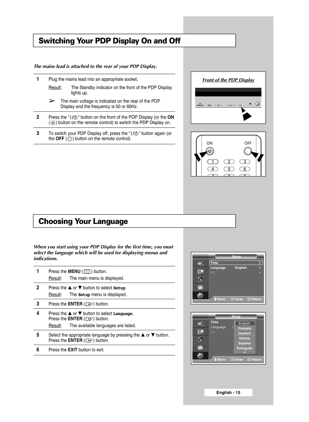 Samsung PPM42M6SSX/EDC manual Switching Your PDP Display On and Off, Choosing Your Language 