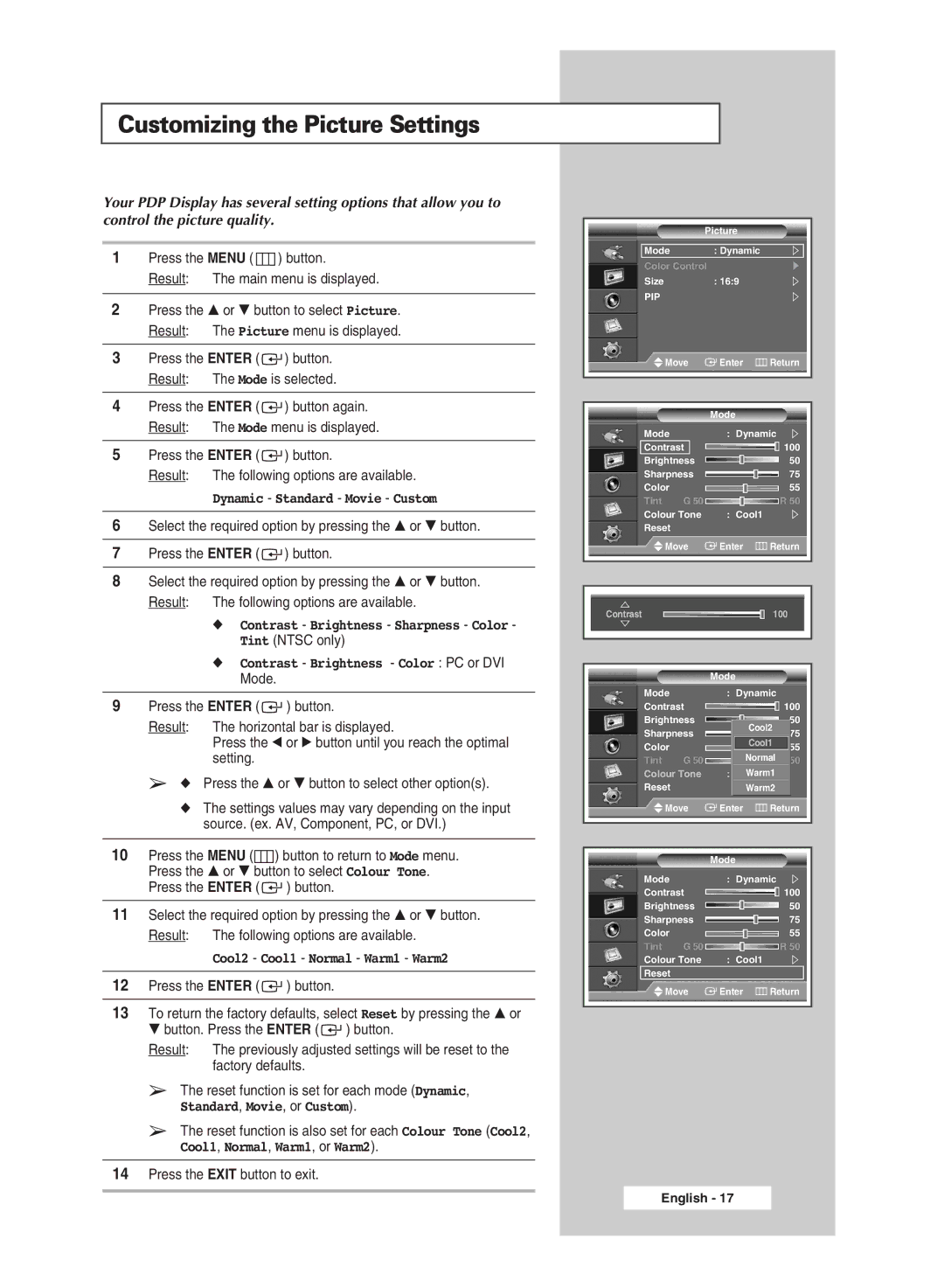 Samsung PPM42M6SSX/EDC manual Customizing the Picture Settings, Cool2 Cool1 Normal Warm1 Warm2, Standard, Movie, or Custom 