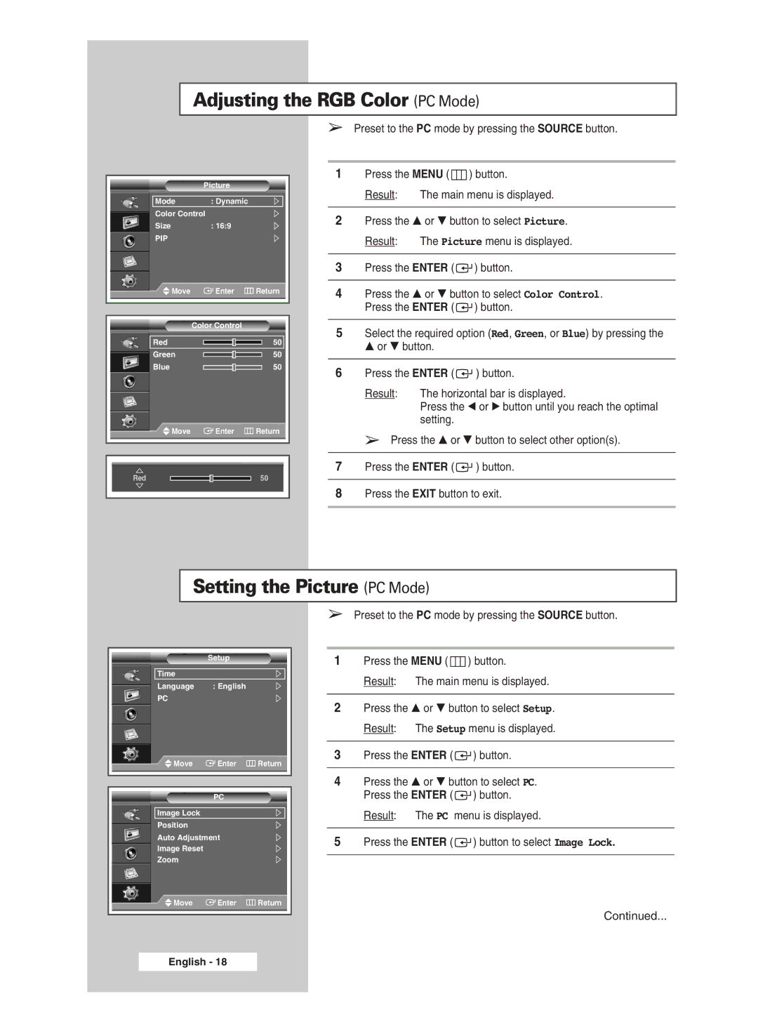 Samsung PPM42M6SSX/EDC manual Adjusting the RGB Color PC Mode, Setting the Picture PC Mode 