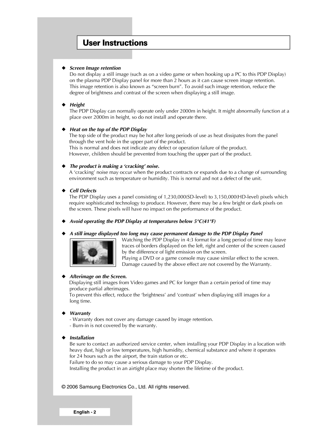 Samsung PPM42M6SSX/EDC manual User Instructions, Screen Image retention 