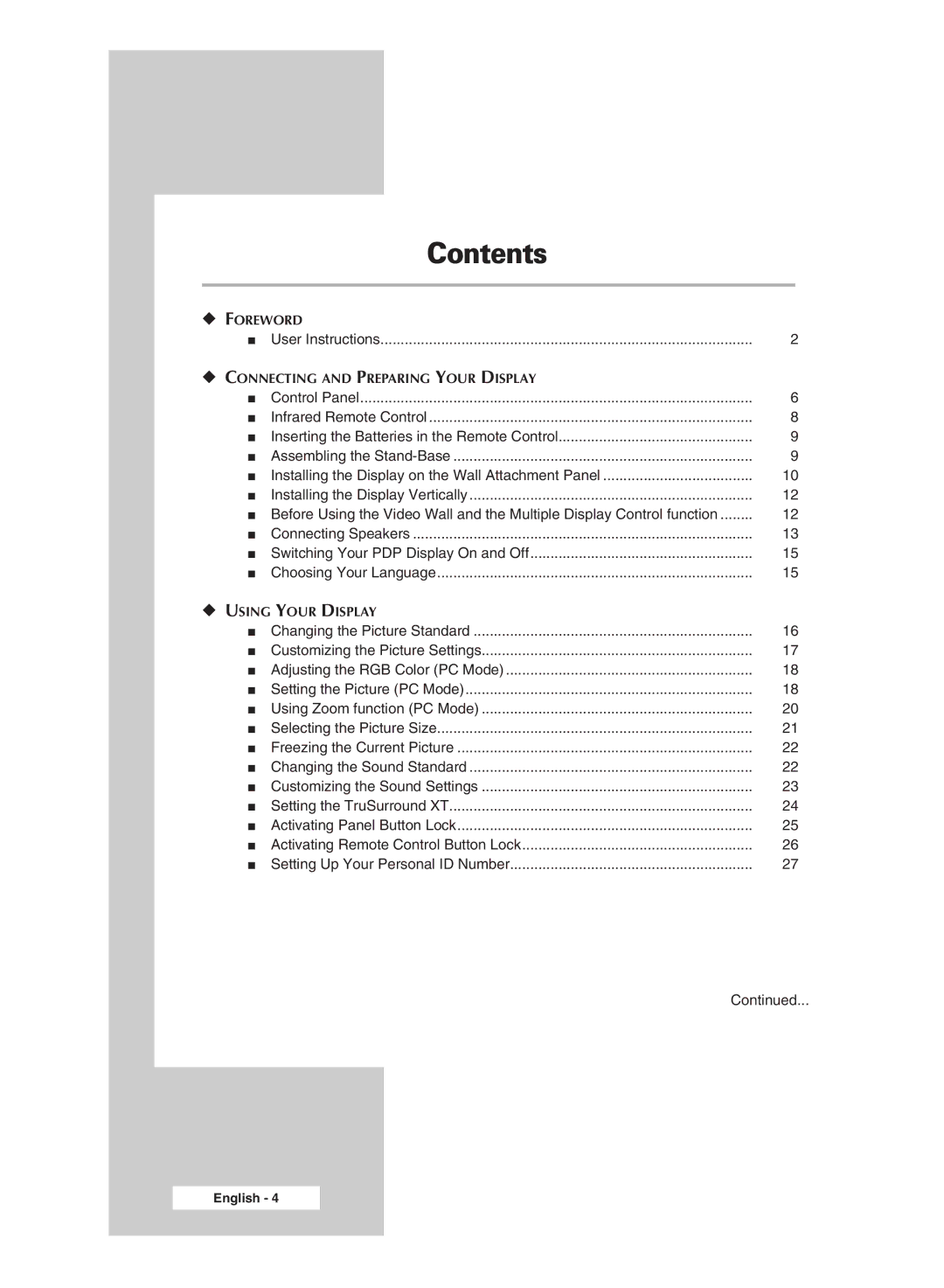 Samsung PPM42M6SSX/EDC manual Contents 