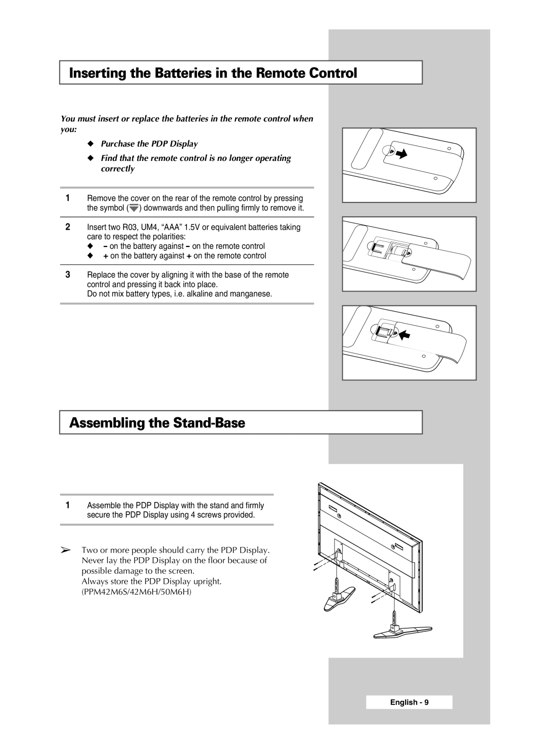 Samsung PPM42M6SSX/EDC manual Inserting the Batteries in the Remote Control, Assembling the Stand-Base 