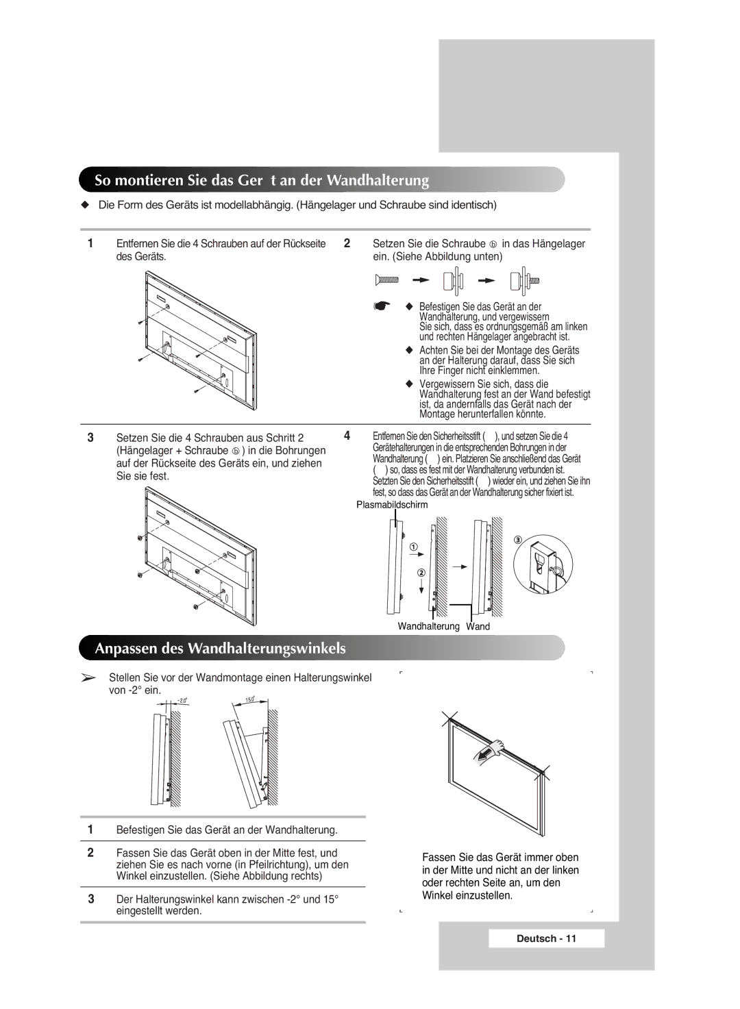 Samsung PPM42M6SSX/EDC manual So montieren Sie das Gerät an der Wandhalterung, Anpassen des Wandhalterungswinkels 