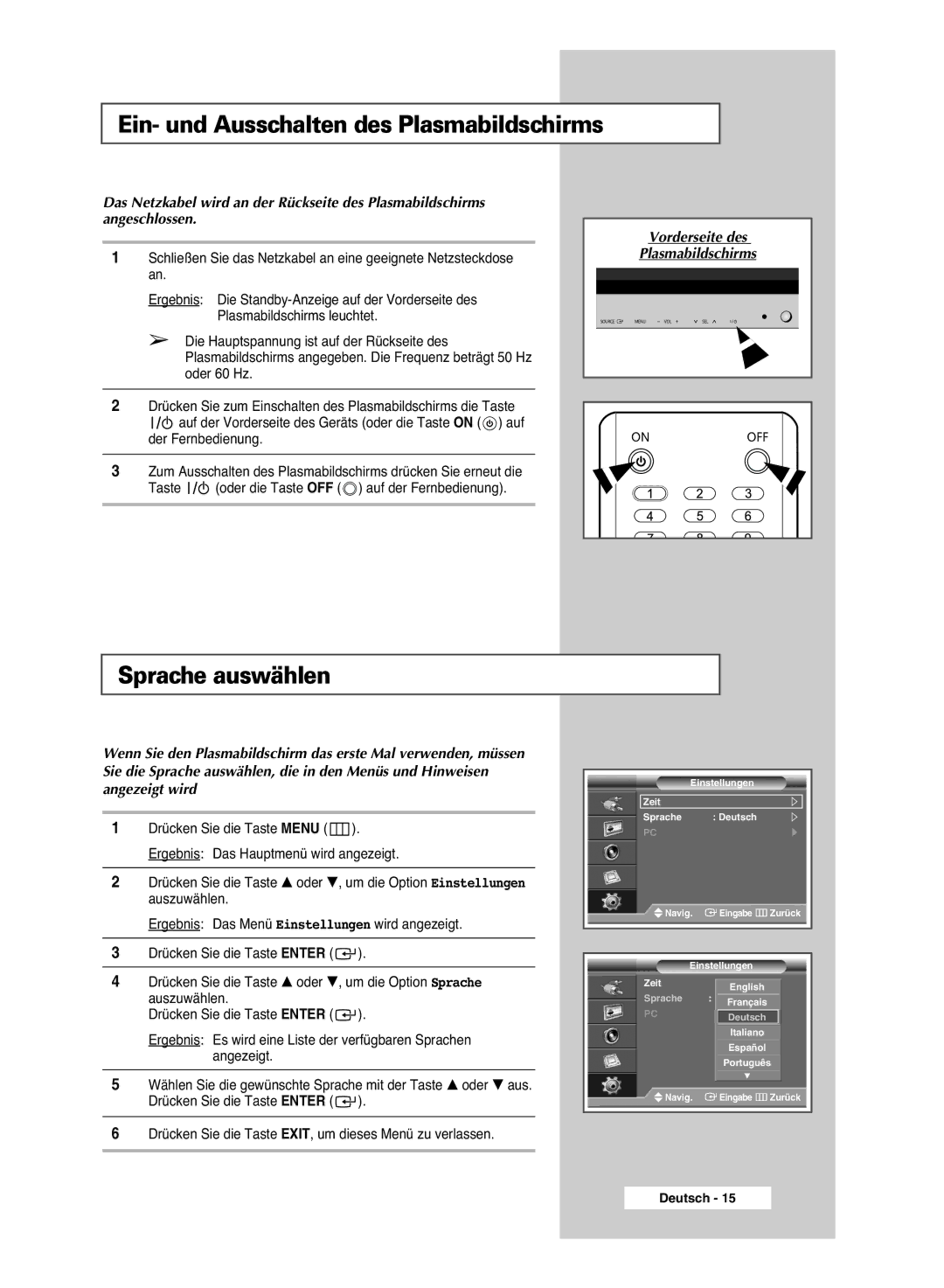 Samsung PPM42M6SSX/EDC manual Ein- und Ausschalten des Plasmabildschirms, Sprache auswählen 