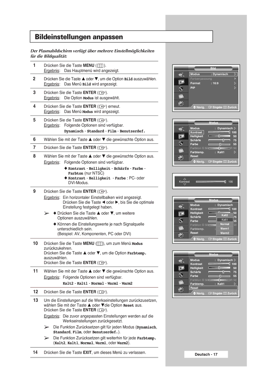 Samsung PPM42M6SSX/EDC manual Bildeinstellungen anpassen, Kontrast Helligkeit Schärfe Farbe, Kalt2 Kalt1 Normal Warm1 Warm2 