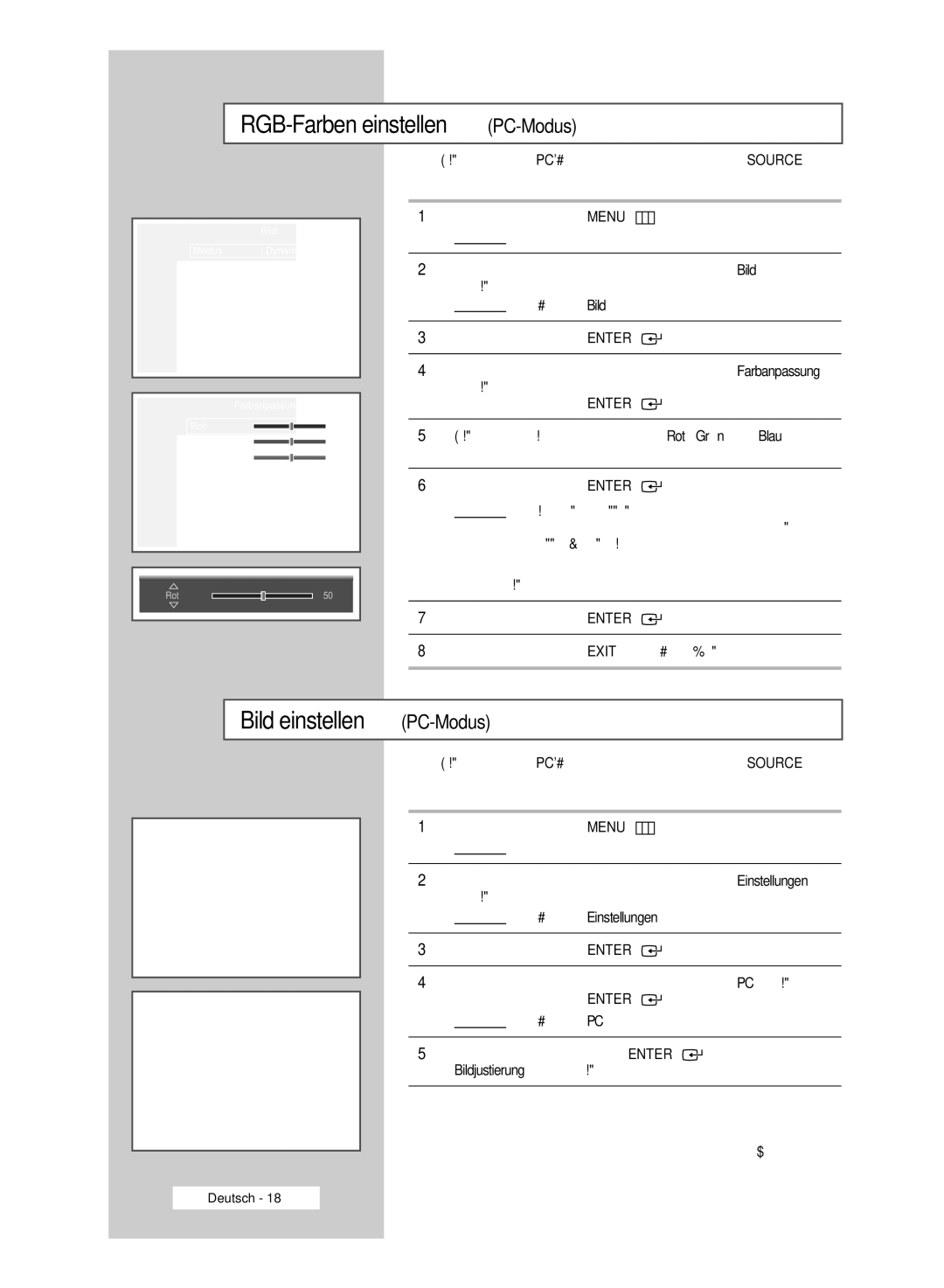 Samsung PPM42M6SSX/EDC manual RGB-Farben einstellen PC-Modus, Bild einstellen PC-Modus, Bildjustierung auszuwählen 